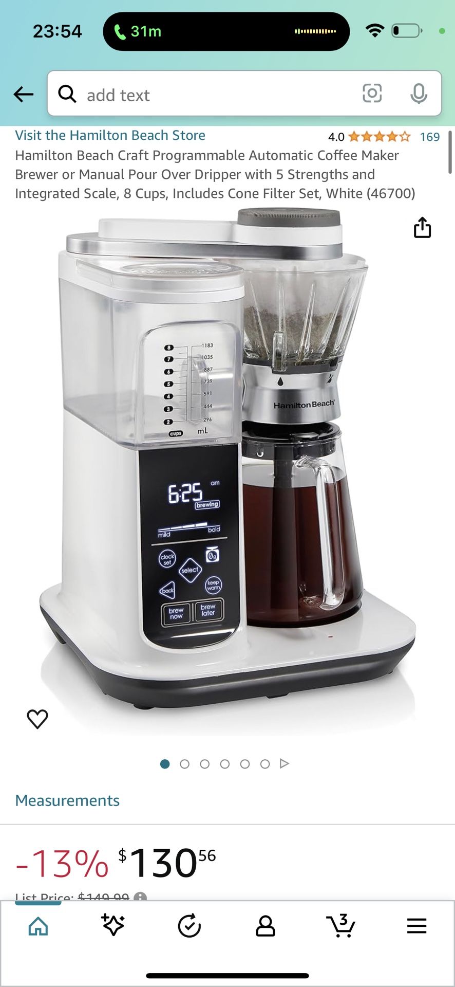 Hamilton Beach Craft Programmable Automatic Coffee Maker Brewer or Manual Pour Over Dripper with 5 Strengths and Integrated Scale, 8 Cups, Includes Co