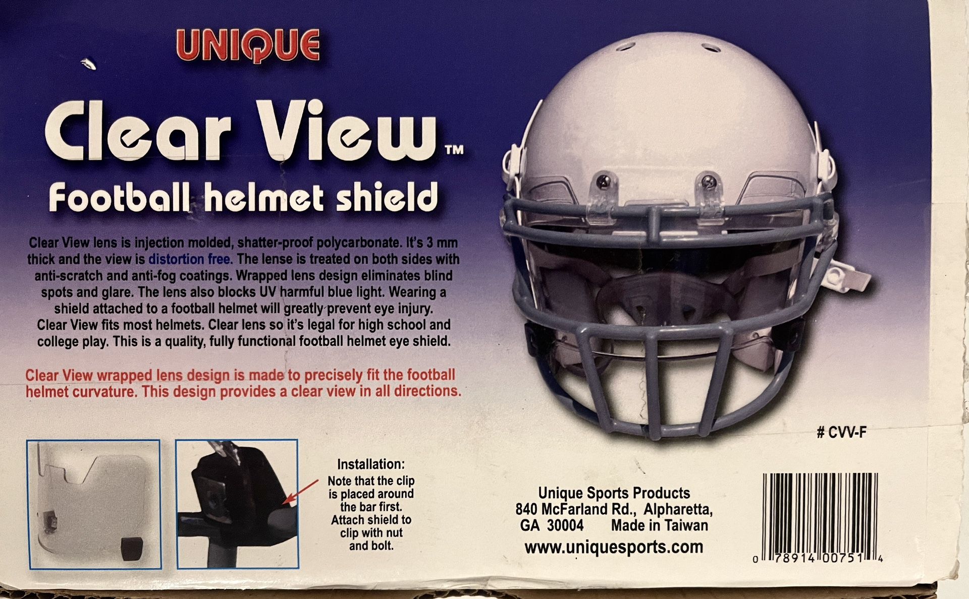 Unique Sports Clear View SHIELD Football Helmet Eye Shield