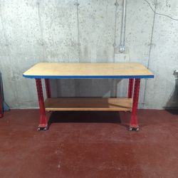 70" X 30" X 37" High Worktable With 1-3/4" Wood Top, Lower Wood Shelf, And Lockable Casters