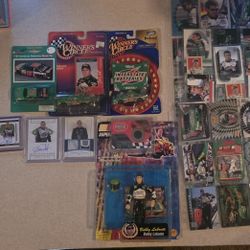 Bobby Labonte lot. Autographs, uniform fabric, rubber from tire, action figure, cars, 45 trade cards