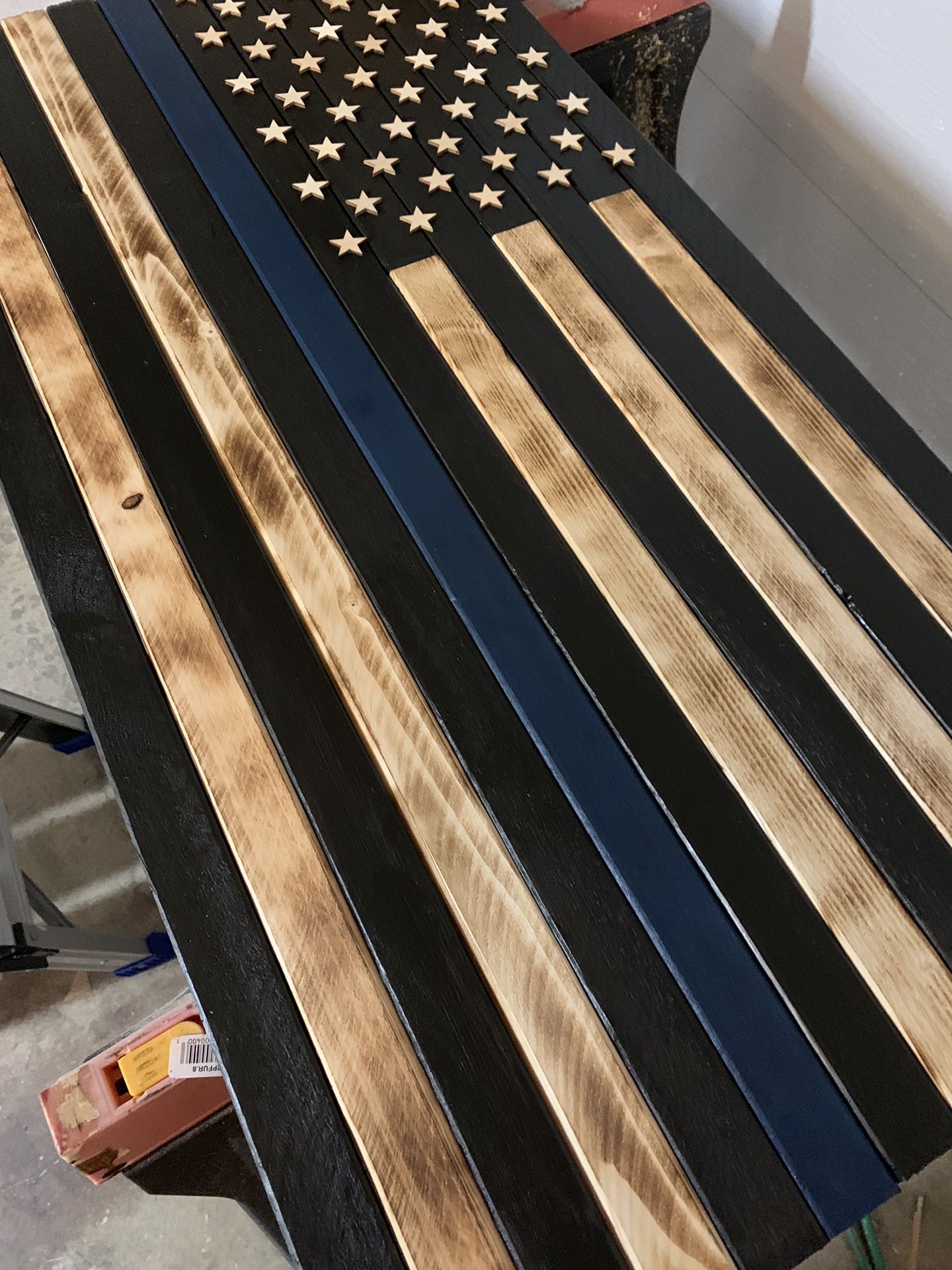Handcrafted Rustic American Flag - Law Enforcement Blue Line - Handmade in Oregon