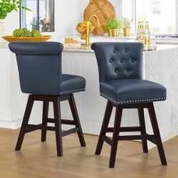 26 in. Navy Blue Faux Leather Swivel Barstool Solid Wood Counter Stool with Nail Head Trim Tufted Backrest (Set of 2)