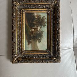 antique oil painting on wood.  landscape