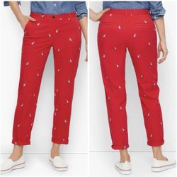 EW $99 TALBOTS Relaxed Chinos Red Twill - Frenchie Dog,Critter Emb Pants Sz 8