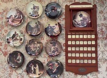 RARE Norman Rockwell American Mid-Century Porcelain Plate and Tile Wooden Wall Calendar
