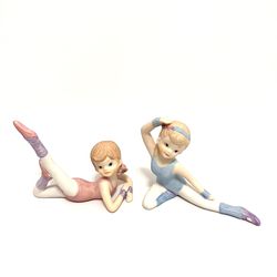 2 VTG Homco Porcelain Ballerinas Dancers Gymnasts Girl Figurines #1406 Pink Blue