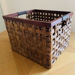 Woven basket with leather handle, basket, bin
