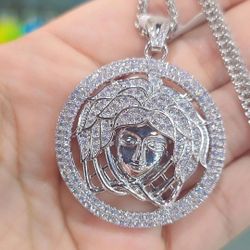 New 14k White Gold Finish Lion Head Charm Pendant A++ Cz's Pendant with stainless steel necklace