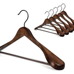 New Set of 6 Beautiful Coat Suit Jacket Wood Wooden Hangers, Premium Retro Finish with Extra-Wide Shoulder- 360° Black Hooks & Anti-Slip Bar 
