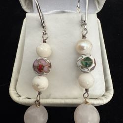 Sterling Silver Pearl & Rose Quartz Beaded Cloisonne Dangle Earrings