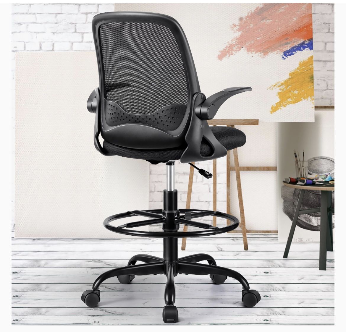 KERDOM Drafting Chair Tall Office Chair Ergonomic Computer Standing Desk Chair Swivel Work Chair with Flip-up Armrests and Adjustable Footrest Ring