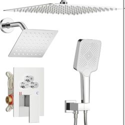 Brand New In The Box- Shower Faucet Set, 12" Ceiling Mount Rainfall Shower System with 2 Rain Shower Head and Multi-function Handheld Head Push Button