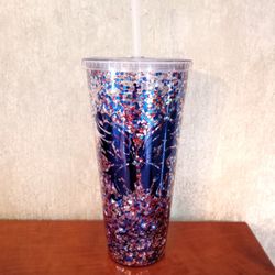 Patriotic 4th of July snow globe glitter tumbler cup glass with blue butterfly 