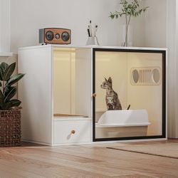 Cat Litter Box Enclosure Furniture Style, White Large Hidden Glass Door Kitty Cat Cabinet with Light and Storage Drawer, Fit Most of LitterBox (37.4" 