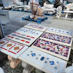 Concrete Mosaic Straight Benches / Cement Backyard Garden Patio Bench / Outdoor Patio Furniture