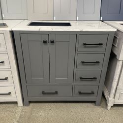 Bathroom vanity cabinet 36” solid mango Quartz top with sink and backsplash 