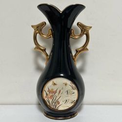 Vintage Japanese Chokin Art Amphora Vase 24K Gold Gilded Edges Swan Design