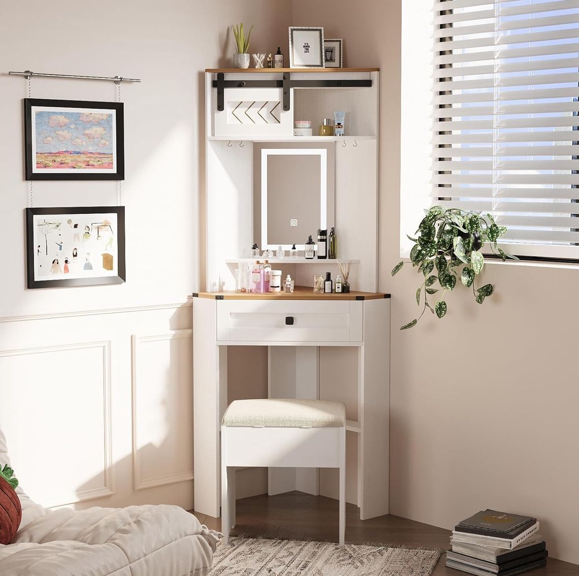 Small Vanity Desk Set with Lights and Mirror Makeup Vanities with Drawers for Corner Space White Farmhouse Make up Dressing Table with Storage Stool f