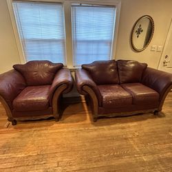 Burgundy Genuine Leather Loveseat & Armchair Set – Solid Wood Trim – Classic Style