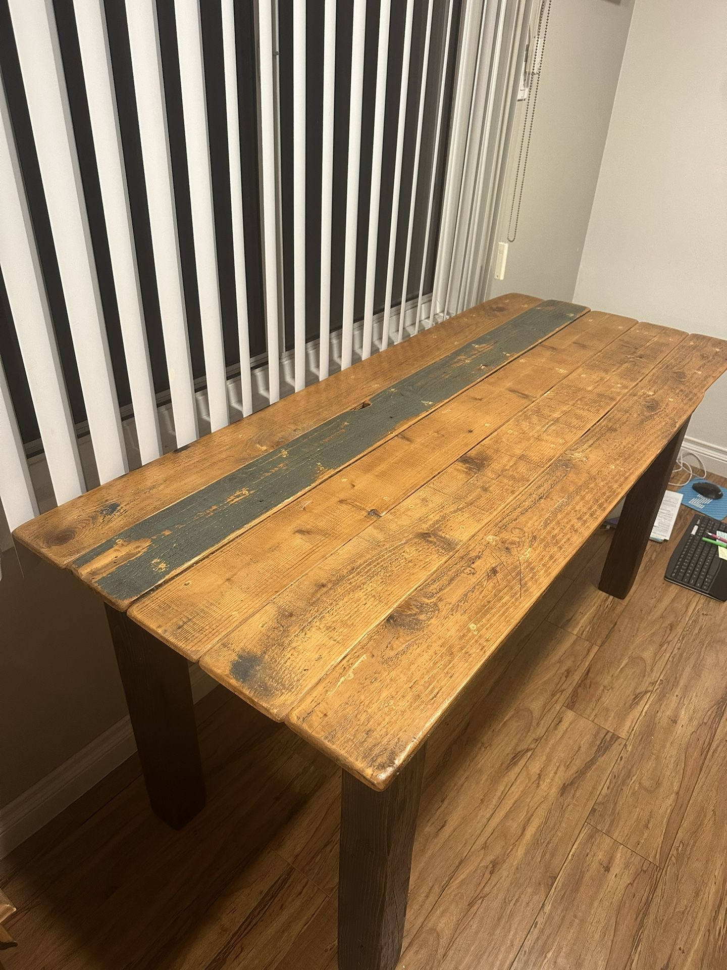 Rustic Reclaimed Wood Dining / Desk Table with Blue Stripe Accent