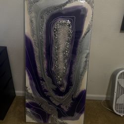 48x24 Amethyst Geode Resin Art – Crystal Epoxy Wall Decor – Purple & Silver 