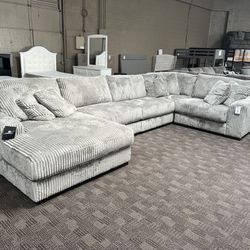 Super Soft Grey Corduroy Sectional Couch 