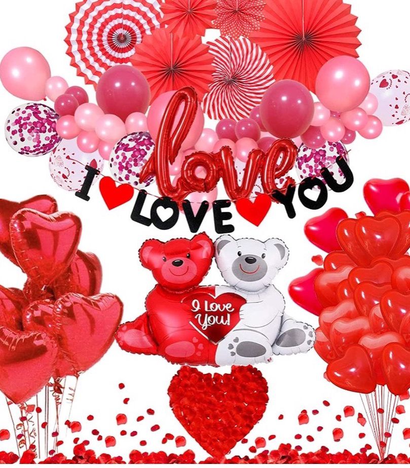 Valentines Day Party Decorations - Valentine's Day Decorations Set Including I Love You Banner, Paper Fans, Red Silk Rose Petals, Teddy Bear Balloon,