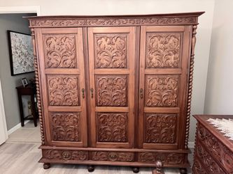 Large Hand-Carved Wooden Armoire Wardrobe