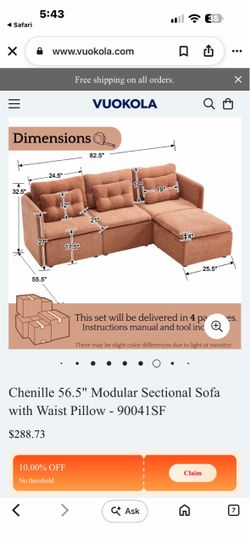 New in box 82.5" Modular Se ctional So fa with Waist Pillow - 90041SF