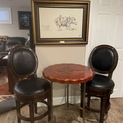 Maitland Smith English Victorian Round Pedestal Coffee Table with Brass Feet And 2 bar stools