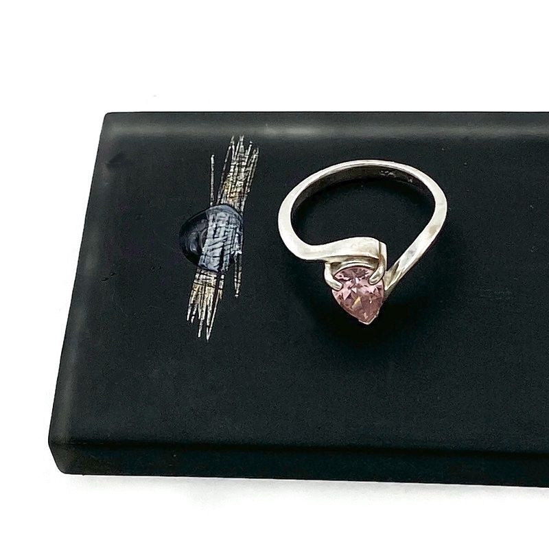Vintage 925 Sterling Pear Cut Pink Cubic Zirconia Solitaire Minimalist Bypass Ring Signed, Engagement Prom