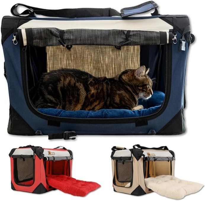 Extra Large Cat Carrier 20"x13"x13" & 24"x16"x16" Soft-Sided, Blue/Red/Tan, Foldable, Plush Cushion, Scratch Pad, Lightweight Pet Crate for Cats & Dog