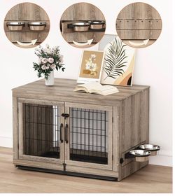 Piskyet Wooden Dog Crate Furniture with 360°Rotatable Removable Dog Bowls, Upgraded Sturdy Door Lock, Easy-to-clean Tray, Modern Furniture-style Desig