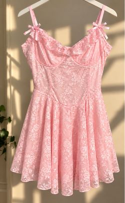 Blashe Pink Lace Mini Dress Size L Y2K Coquette Floral Bow Spaghetti Strap
