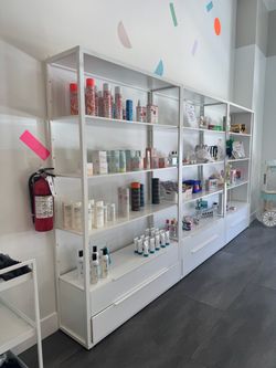 White retail shelving - drawers on bottom