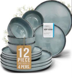 12 Piece Stoneware Dinnerware Set for 4, Handcrafted Plates and Bowls Set Durable Reactive Glaze, Dishwasher & Microwave Safe Dish Set, Chip & Scratch