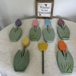 Hand Painted Tulips w/ Sign w/ Rope Handle