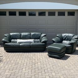 Like New Dark Forest Green Genuine Leather Sofa Set (Delivery Available🚛!)