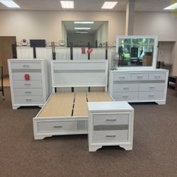 White Bedroom Set FREE MATTRESS 4 Pcs Platform Bed Dresser Mirror Nightstand 