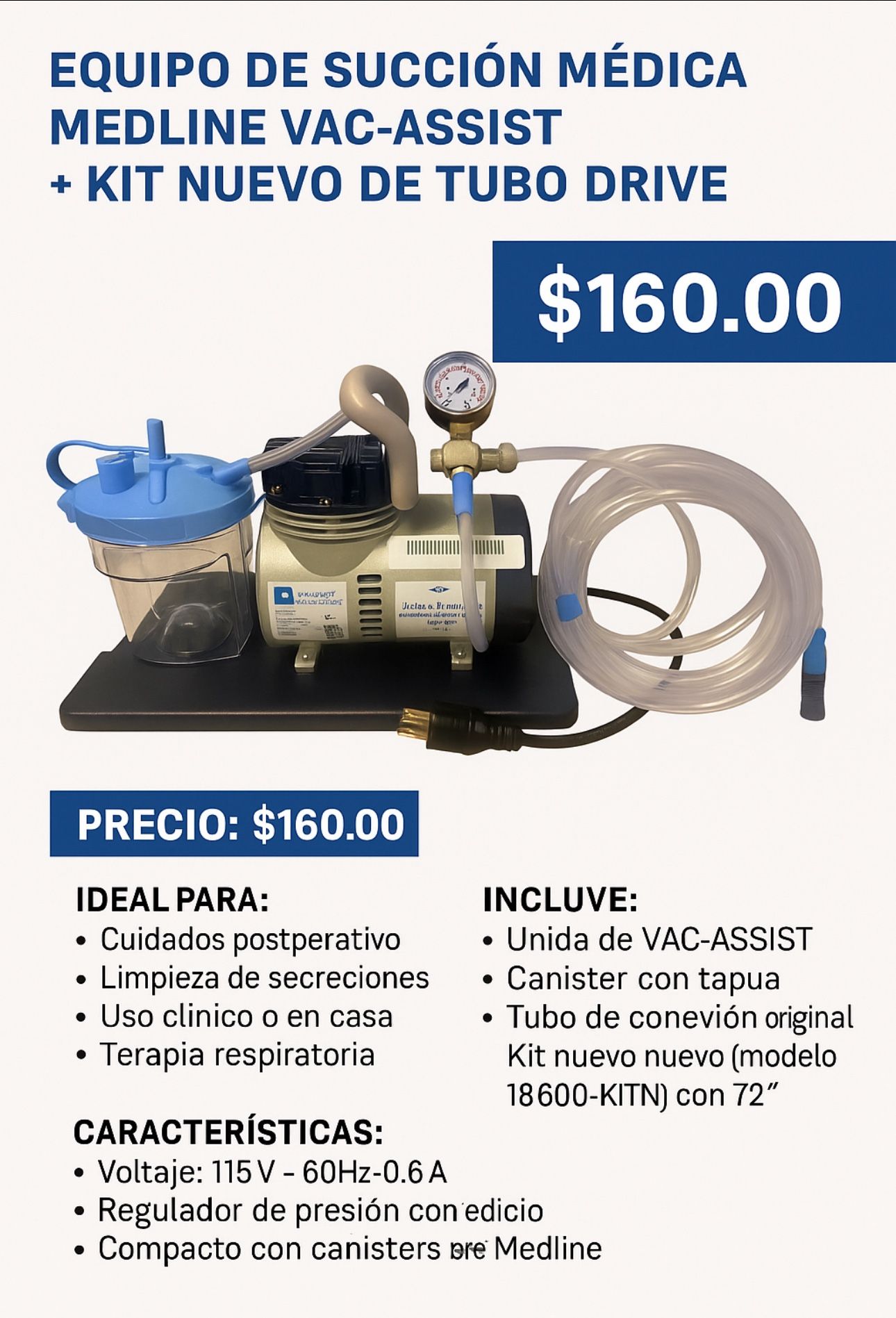 Equipo de Succión Medline con Tubo Nuevo – Funciona Perfectamente