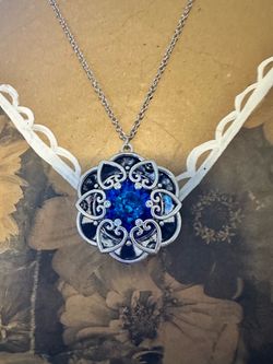Silver Filigree Blue Crystal Pendant Necklace
