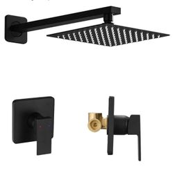 Matte Black Shower Faucet Set, Single Function Shower Trim Kit with Rough-in Valve, Square Rain Shower Head System Included Extra Long Shower Arm for