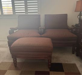 Pair of Upholstered Armchairs with Ottoman