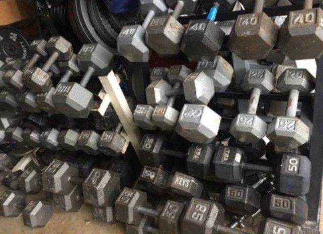 DUMBBELLS  AVAILABLE  :  STEEL ($1 LB. -$1.20 LB )  ( 1s  3s  5s  8s  10s  12s 15s  20s  25s  30s  35s  40s 45s  50s 55s  60s  75s  90s 100s 110s )
  