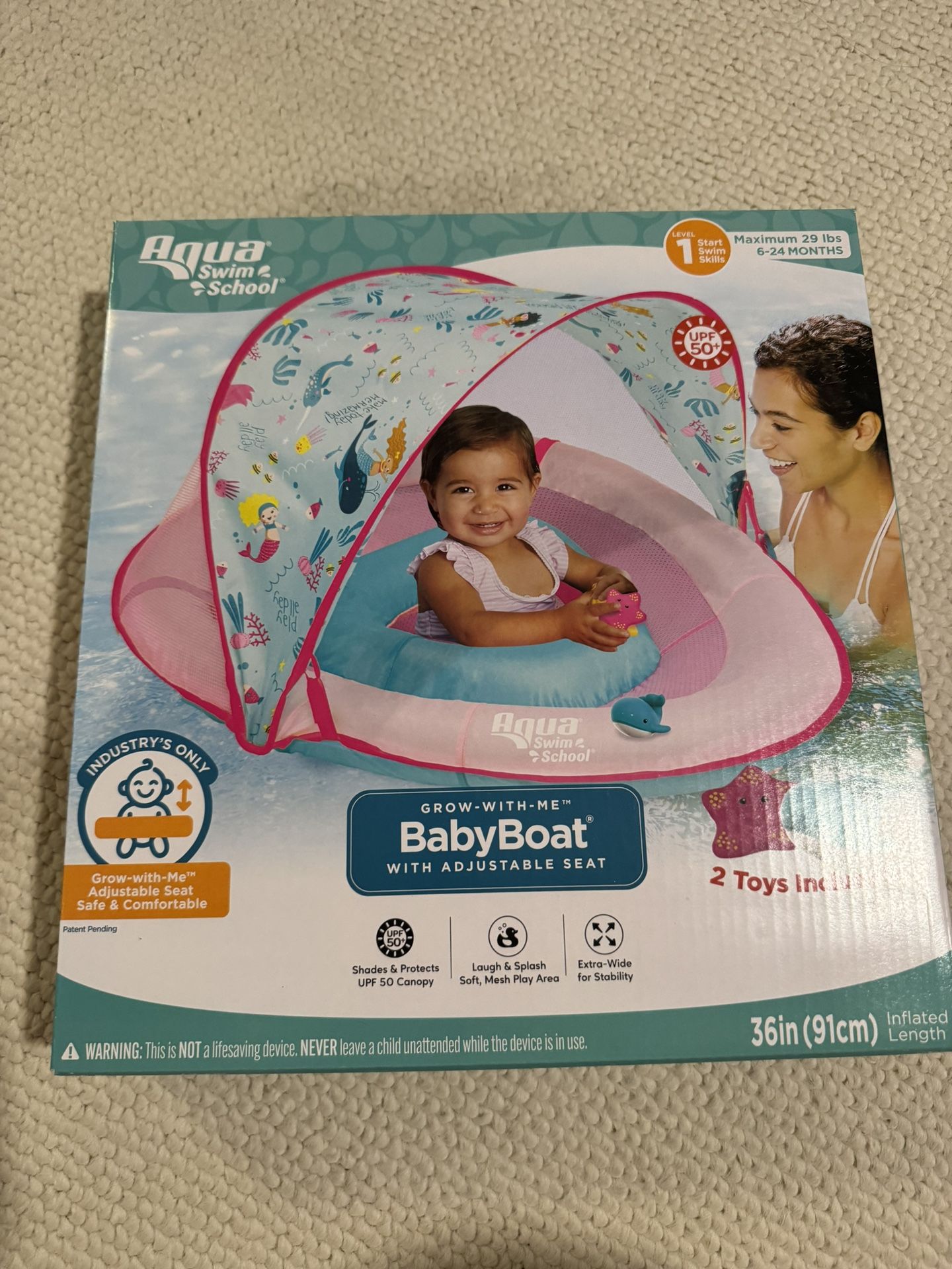 Aqua Swim School Grow-with-Me Baby Pool Float Boat for Infants, Pink Mermaid, 2 Toys Included