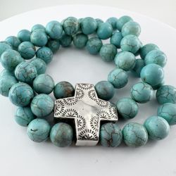 Ladies Turquoise 3 Strand Beaded Bracelet W/ Sterling Silver Clasp 11052726
