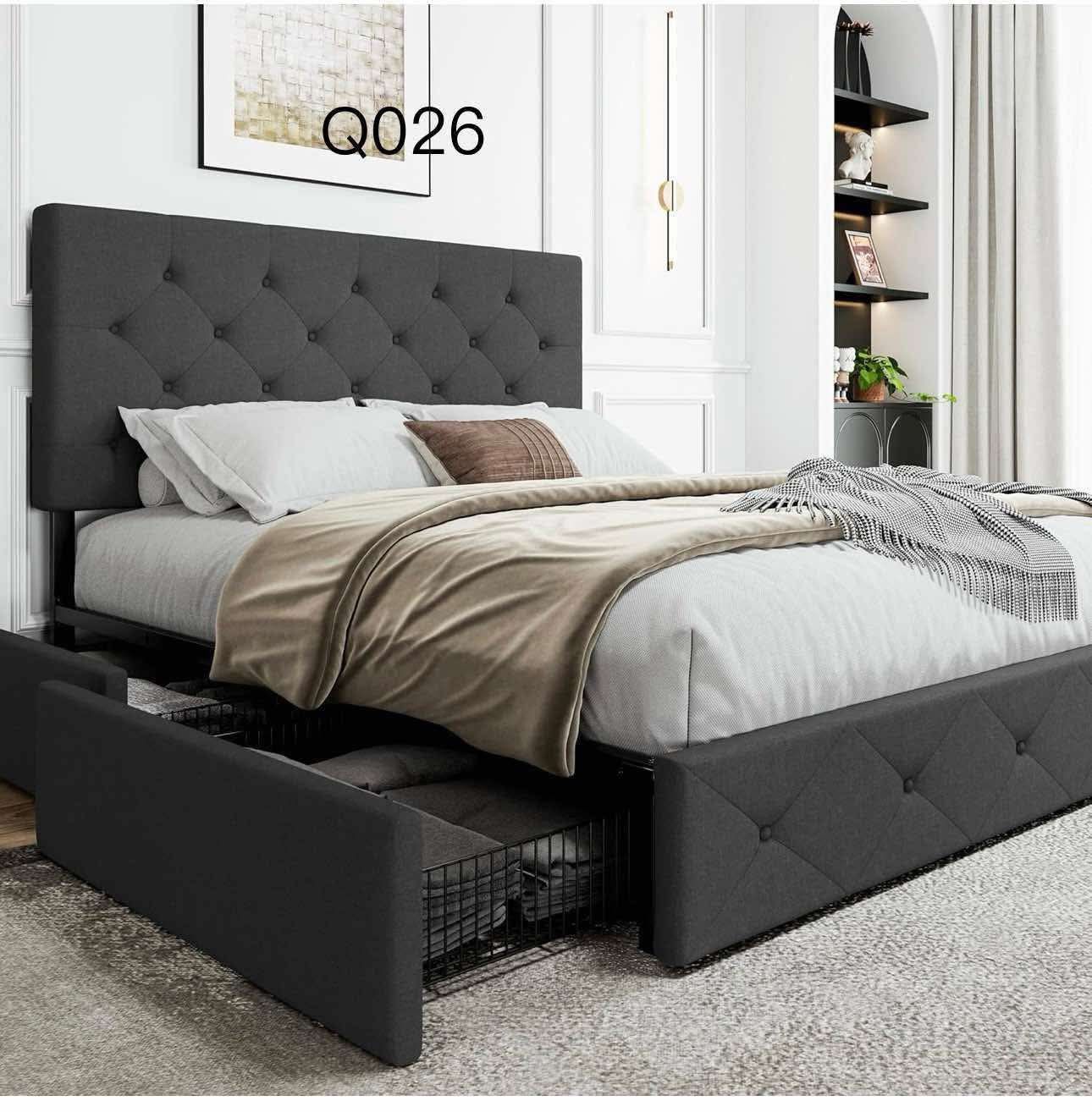 Pick Up: Q026-Queen Platform Bed Frame with Adjustable Headboard and 4 Drawers Under Bed Storage, No Box Spring Needed, Diamond Stitches Button Tufted