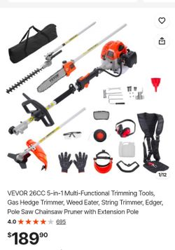 VEVOR 26CC 5-in-1 Multi-Functional Trimming Tools, Gas Hedge Trimmer, Weed Eater, String Trimmer, Edger, Pole Saw Chainsaw Pruner with Extension Pole