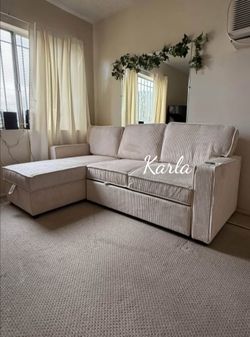 Convertible Sectional Sofa With PullOut Bed And Storage Ivory Corduroy NEW