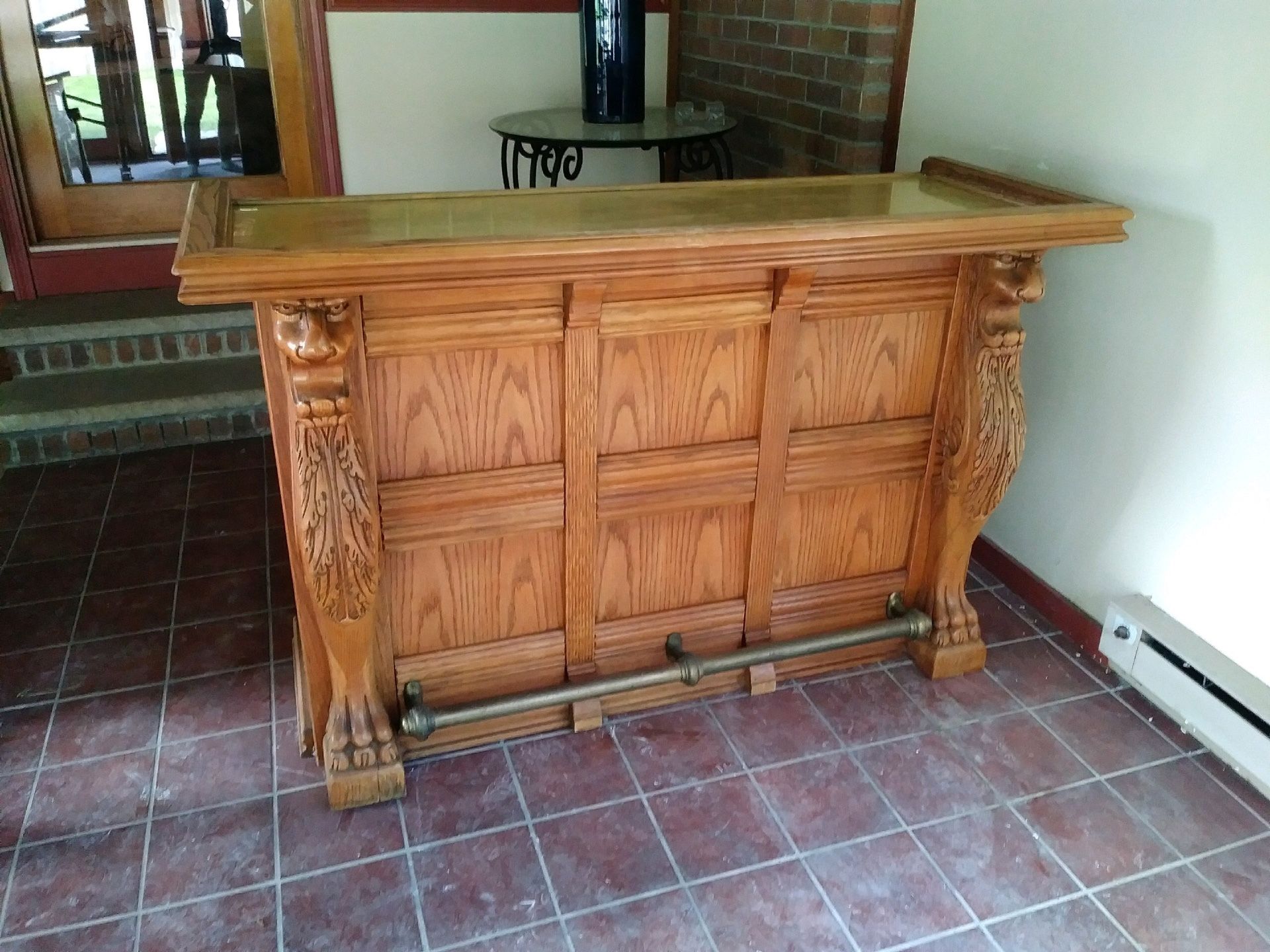 Pulaski Solid oak brass top bar with carved lions
